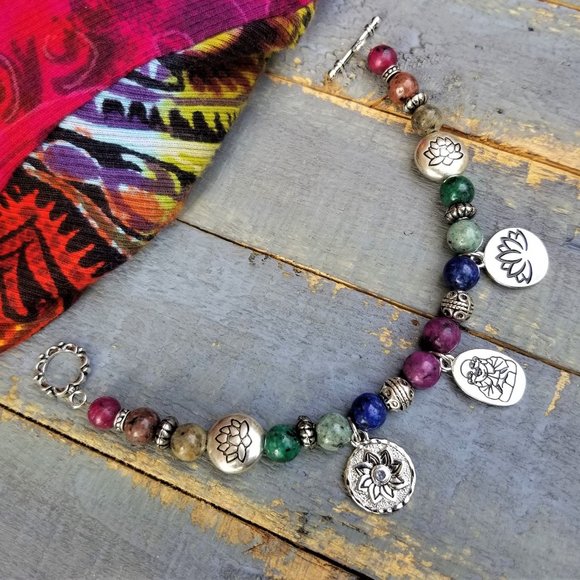 Artisan Hand Crafted Bracelet Stone Beads Buddha Lotus Flower Sunburst Charms - Picture 8 of 8